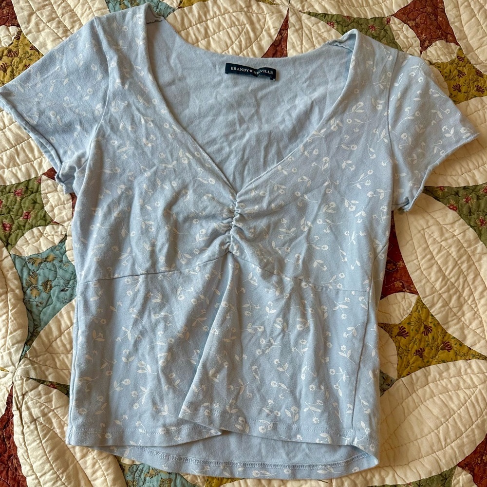 Brandy Melville Light Blue Floral Ruched V-Neck Top